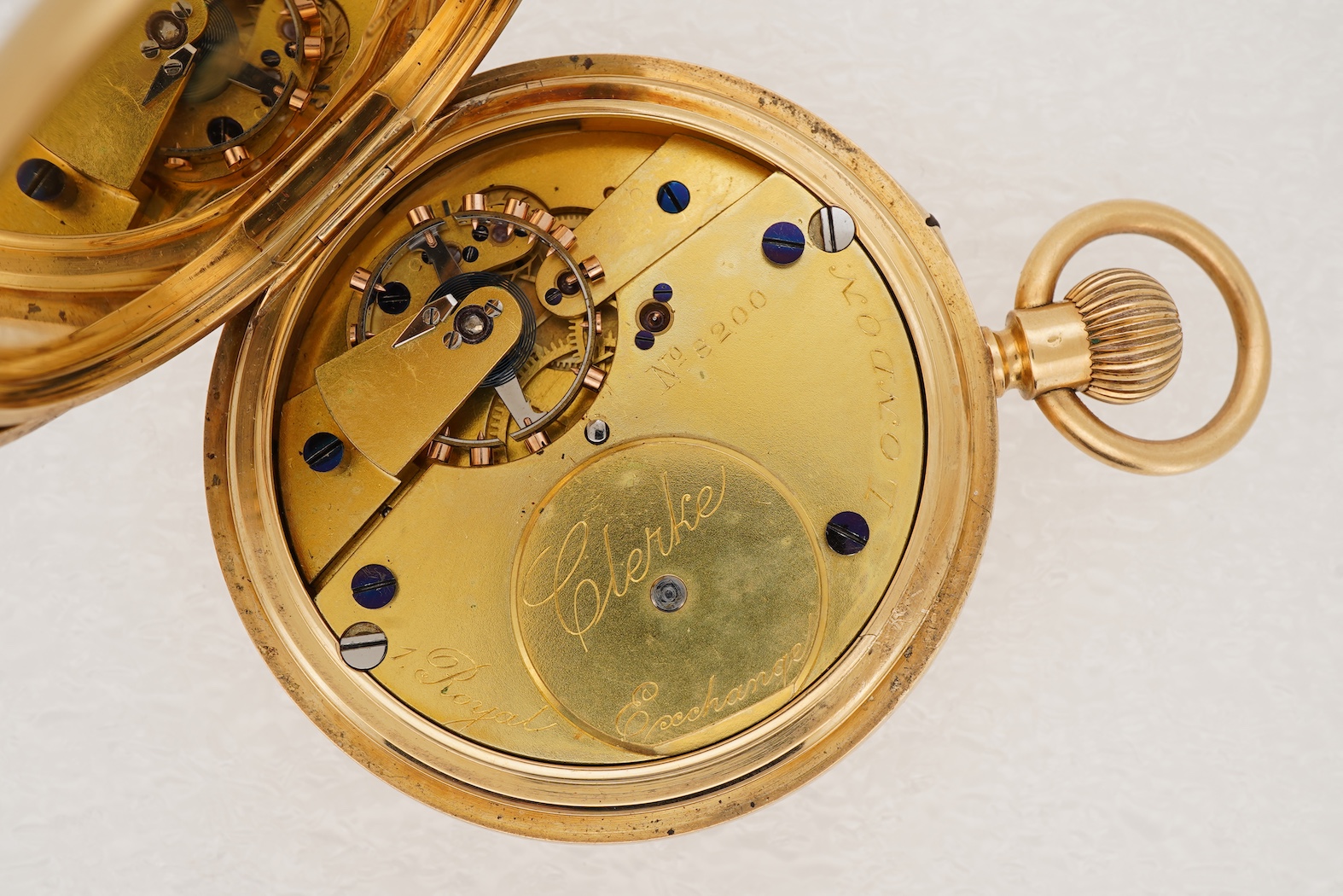 An Edwardian 18ct gold keyless lever half hunter pocket watch, by Clerke, Royal Exchange, London